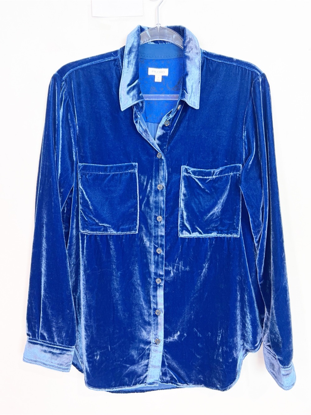 PILCRO ANTHROPOLOGIE BLUE VELVET HADLEY BUTTON FRONT SHIRT WOMENS SMALL